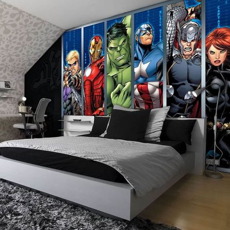 SUPERHERO BEDROOM IDEAS – Producing bedroom for children with a superhero theme has been familiar choice for most parents. This becomes another choice... Avengers Bedroom, Wallpaper Avengers, Marvel Bedroom, Avengers Room, Boys Bedding Sets, Marvel Room, Teenager Bedroom Boy