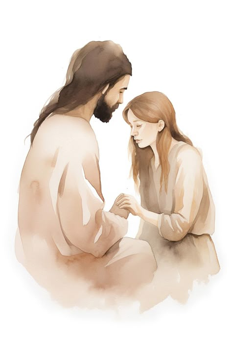 Jesus Heals a Sick Woman. Watercolor art God Hugging Girl, Jesus Hugging Woman Art, Jesus Sketch, Jesus Christ Lds, Mormon Art, Jesus Help, Jesus Wall Art, Jesus Drawings, Jesus Praying