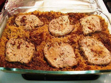 This bake is an oldie but goodie, Pork Chops with French Onion Soup and Rice! Pork Chop Rice Bake, Pork Chops And Rice Casserole, Pork And Rice Casserole, Pork Chop Rice Casserole, Pork Chop Casserole Recipes, Japan Recipes, French Onion Pork Chops, Rice In The Oven, Easy Suppers