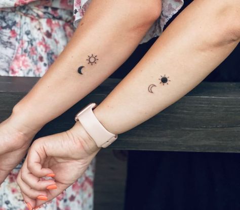 Couple Tattoos Moon And Sun, Mini Tattoos Unique For Women, Sun Moon Couple Tattoo, Unique Minimalist Tattoo Meaningful, Tattoo Love Couple, Tattoos Moon And Sun, Couple Small Tattoos, Bff Tattoos Unique, Tattoos Moon