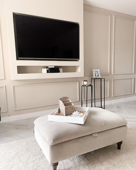 Cream Wall Panelling Living Room, Wall Panelling Around Tv, Tv Panelled Wall, Alcove Wall Panelling, White Panelled Living Room, Neutral Tv Wall, Panelled Walls With Tv, Lounge Panelling With Tv, Panelling Either Side Of Fireplace