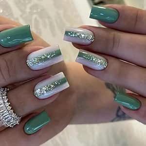 Squoval Acrylic Nails, Shiny Nails Designs, Fake Nails White, St Patricks Day Nails, Nagellack Trends, Green Nail Designs, Coffin Press On Nails, Nails White, Blue Nail Designs