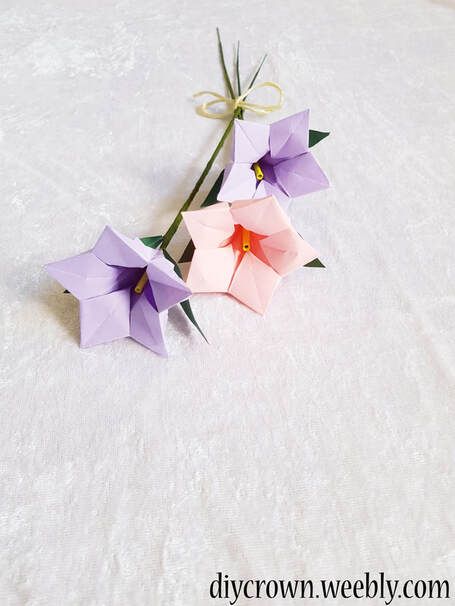 DIY Origami Bellflowers - Diycrown- Origami and Paper art DIY:s Flower Arragement, Flower Origami, Beautiful Origami, Butterfly Mobile, Floral Tape, Yellow Paper, Diy Origami, Origami Flowers, Green Paper