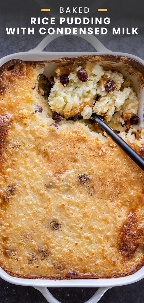 This recipe for baked rice pudding with condensed milk is speckled with golden raisins and lightly sweet. Pure comfort food! Rice Pudding With Condensed Milk, Pudding With Condensed Milk, Sweet Rice Pudding, Baked Rice Pudding, Sweet Condensed Milk, Sweet Rice, Baked Rice, Golden Raisins, Rice Pudding