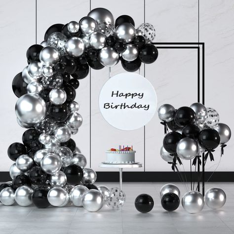 Black Silver And White Balloon Garland, Black White And Silver Balloon Arch, Black And Silver Balloon Arch, Black Silver Balloon Garland, Black And Silver Decorations, Black And Silver Balloon Garland, Black And Silver Party Theme, Black And Silver Birthday Decorations, Black Silver Birthday Party