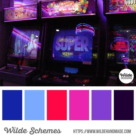 Wilde Schemes: Arcade Neon for 80s Kids ⋆ Wilde Designs Arcade Colour Palette, Retro Game Color Palette, Arcade Color Palette, Arcade Basement, 80s Color Palette, 80s Neon, Pixel Color, Music Coloring, 80s Aesthetic