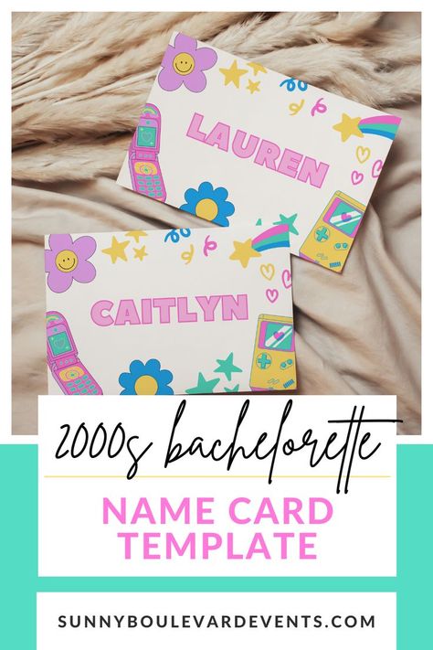 Planning a Y2K bachelorette party for a TOTALLY RAD bride? Check out this 2000s bachelorette party DIY EDITABLE & PRINTABLE name card template! This bachelorette name card with a retro '00s or '90s theme is PERFECT to include with your bachelorette weekend gift bags, favor bags, or hangover recovery kits at a 2000s Millennium bachelorette weekend! Bachelorette Weekend Gifts, Funny Drinking Games, Hangover Recovery Kit, Name Tag Templates, 90s Theme, Diy Bachelorette Party, Party Names, Bach Party, Bachelorette Party Themes