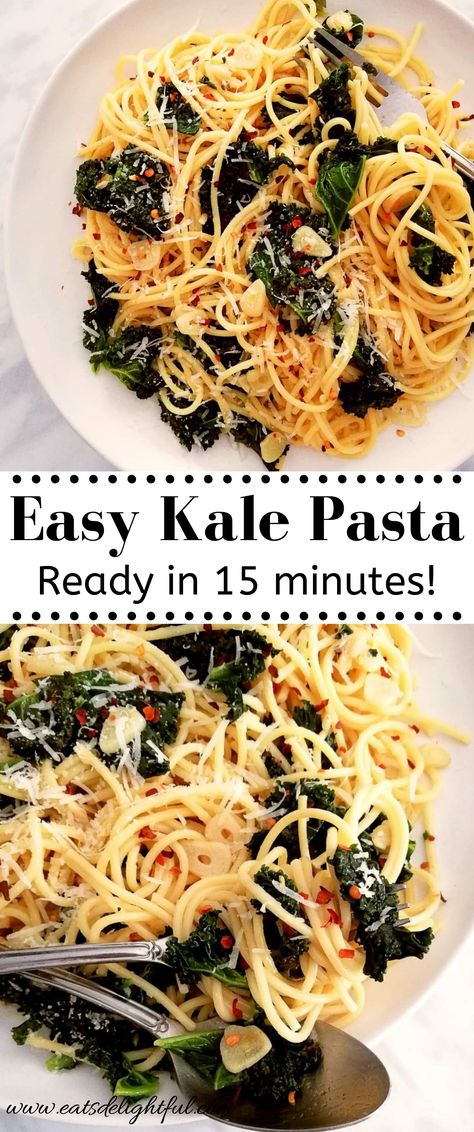 Kale pasta in plate topped with parmesan and red pepper flakes Kale With Pasta Recipes, Kale Noodles Recipes, Dragon Kale Recipe, Leftover Kale Recipes, Recipes With Frozen Kale, Things To Make With Kale, Kale And Tomato Pasta, Hot Kale Recipes, Recipes That Use Kale