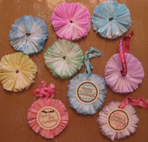 Crepe paper flower like ornament tutorial--In Progress by nikimaki, via Flickr Tile Farmhouse Bathroom, Bathroom Tile Farmhouse, Crepe Paper Christmas Decorations, Crepe Paper Christmas, Tiling Floor, Crepe Paper Rosettes, Fairy Skirts, Farmhouse Bathroom Tile, Crepe Paper Decorations