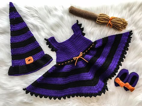 witch costume dress free crochet pattern Baby Witch Costume, Halloween Costume Crochet, Crochet Halloween Costume, Halloween Costume Patterns, Crochet Pour Halloween, Crochet Baby Ideas, Crochet Baby Costumes, Beau Crochet, Crochet Costumes