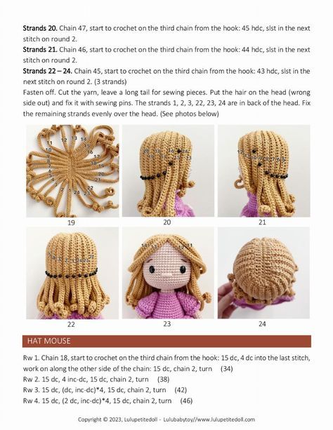 How To Crochet Doll Hair, Doll Hair Crochet, Crochet Human Doll Free Pattern, Amigurumi Hair Pattern, Crochet Hair For Dolls, Crochet Hair Doll, Crochet Doll Hair Pattern Free, Amigurumi Hair Tutorial, Doll Crochet Pattern Free