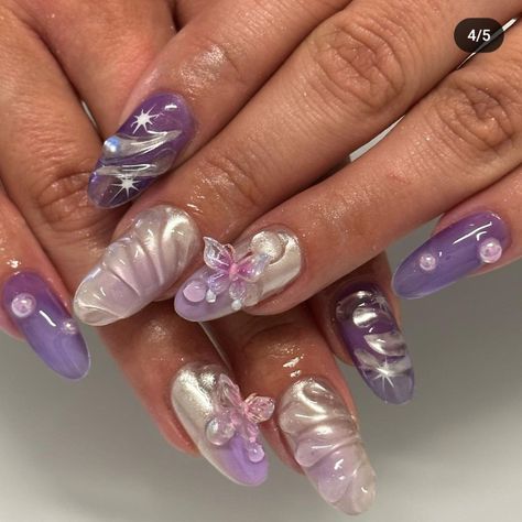 Lavender Douyin Nails, Purple Fantasy Nails, Purple 3d Nails, Nails Hawaii, Heavenly Nails, Retro Nails, Fantasy Nails, Nail Designs Tutorial, Purple Nail Designs