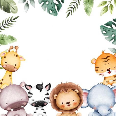 Plantilla de marco de animales de safari de bebé de ilustración de acuarela | Vector Premium Safari Invitation Background, Safari Birthday Card, Safari Watercolor, Animal Frame, Safari Baby Shower Boy, Giraffe Watercolor, Independence Day Greeting Cards, Independence Day Greetings, Safari Invitations