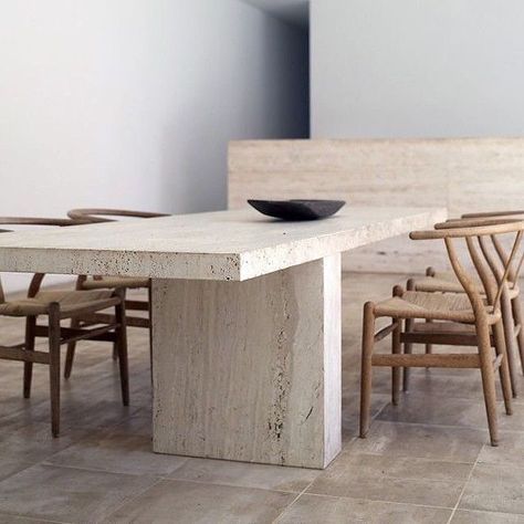 R o o m   o n   F i r e on Instagram: “Travertine dining table + CH24 Wishbone chairs in Neuendorf House in Mallorca, Spain by @johnpawson in partnership with @claudiosilvestrin…” Claudio Silvestrin, Richard Powers, Table With Chairs, Kirkenes, Interior Boho, John Pawson, 카페 인테리어 디자인, Dining Room Inspiration, Majorca