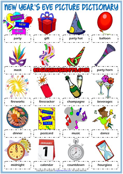 New Year's Eve ESL Picture Dictionary Worksheet For Kids New Year Worksheet, Vocabulary Games For Kids, New Years Eve Pictures, New Year Words, Kids New Years Eve, Test For Kids, Language Games, Esl Grammar, Exercises For Kids