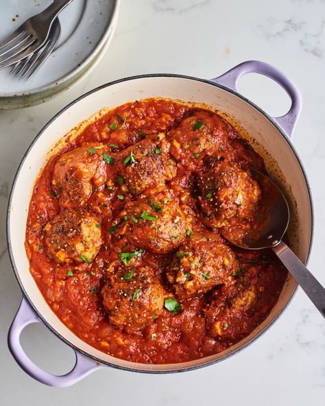 I Tried Four Popular Meatball Recipes and Found the Best One | Kitchn Excellent Meatballs Anne Burrell, Carmines Meatballs, Authentic Spaghetti And Meatballs, Best Meatballs For Spaghetti, Mortadella Meatballs, Anne Burrell Meatballs, Meatballs Cooked In Sauce, Italian Meatballs Recipe Authentic, Spaghetti And Meatball Recipes