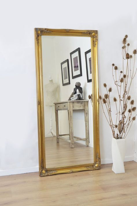 FULL LENGTH Antique GOLD Dressing / Hall Mirror complete with Premium Quality Pilkington's Glass - Overall Size: 66inches x 30inches (168cm x 77cm): Amazon.co.uk: Kitchen & Home Big Gold Mirror, French Style Mirrors, Hall Mirror, Dress Mirror, Hall Mirrors, Golden Mirror, African Wall Art, Mirror Design Wall, Casa Vintage