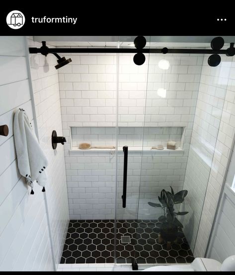 Walk In Shower With Black Fixtures, Shower Tile Shelf Built Ins, Shower Cubby Ideas Built Ins, Shower With Built In Shelves, Shower Shelves Built In, Shower Cubby Ideas, Shower Built In Shelves, Shower Shelf Ideas Built Ins, Built In Shower Shelves