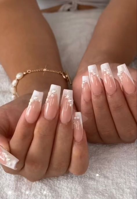 nails fake nails acrylic nails acrylics sculpture nails pearls pearl french tip coffin square almond Bougie French Tip Nails, Glam White Nails, White Glam Nails, Nails Ideas White, Nail Ideas White, Bougie Nails, White Nails With Designs, Nail Designs White, White Nails Ideas