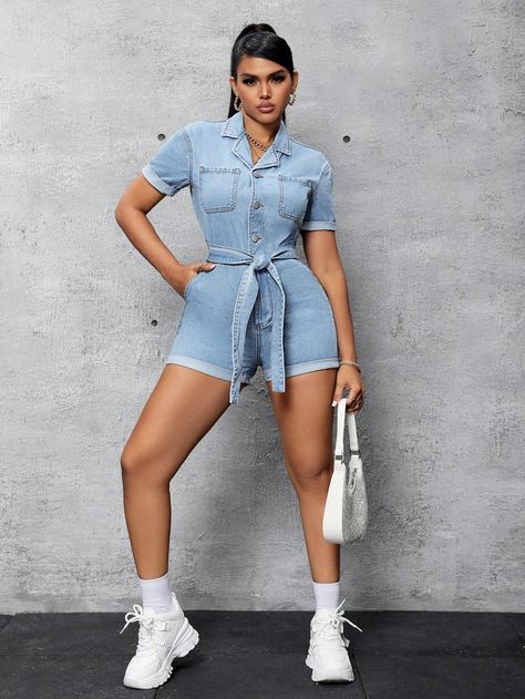 Light Wash Casual Collar Short Sleeve Denim Plain Shirt Embellished Non-Stretch  Women Clothing Jean Romper Outfit, Denim Romper Outfit, Short Sleeve Denim, Jean Romper, Plain Shirt, Romper Outfit, Denim Romper, Plain Shirts, Denim Overalls