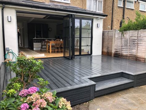 Garden Design With Decking, Deck With One Step Down, Decking Veranda Ideas, Steps Outside Patio Door, Black Trex Deck, Inset Deck Stairs, Pool With Trex Decking, Small Garden With Decking, Decking With Steps