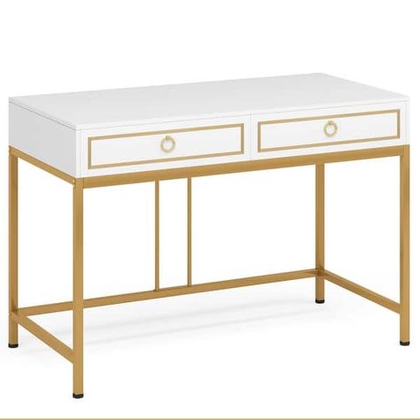 Computer Desk with 2 Drawers, 41.3" Modern Simple White and Gold Writing Desk with Storage Drawers, Makeup Vanity Console Table - Bed Bath & Beyond - 36087807 Study Desk Modern, Entry Console Table, Girl Desk, Gold Writing, Desk With Storage, Table Bed, Makeup Table Vanity, Entryway Console Table, Entryway Console