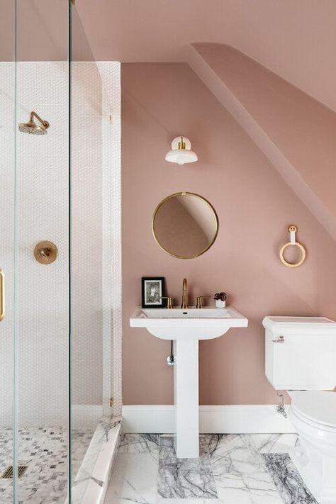 Mauve Bathroom Ideas, Mauve Bathroom, Brett Waterman, Blush Bathroom, Pink Bathrooms, Bathroom 2024, Mini Bathroom, Room Colours, Chicago Interior Design