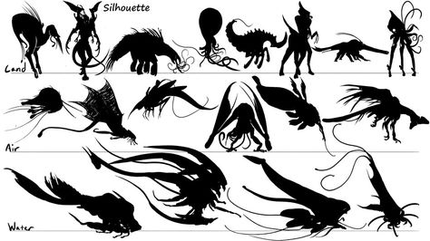 Creature Silhouette, Reference Perspective, Black Creature, Character Silhouette, Lovecraft Monsters, Silhouette Sketch, Spooky Art, Concept Art Drawing, Creature Concept Art