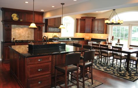 Black-Galaxy-Granite-Kitchen-Countertop-Island-Installed-Finished-Granix-2 Contemporary Wood Kitchen, Cherry Wood Cabinets, Kitchen Design Gallery, Faux Granite, Black Granite Countertops, Rustic Kitchen Cabinets, Cherry Kitchen, Black Countertops, White Kitchen Island