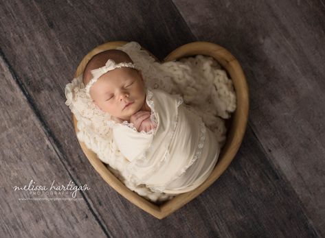 newborn baby girl wrapped in cream lace wrap posed in wooden heart bowl prop Newborn Heart Bowl, Heart Basket, Newborn Photography Studio, Heart Bowl, Newborn Pics, Hospital Photos, Lace Wrap, Newborn Baby Girl, Newborn Props