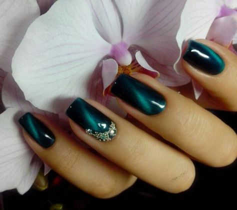 Teal Cat Eye Nails, Cateye Nailart, Cat Eye Nails Polish, Unghie Nail Art, Nails 2018, Nagellack Trends, Fingernail Designs, Eye Nails, Cat Nails