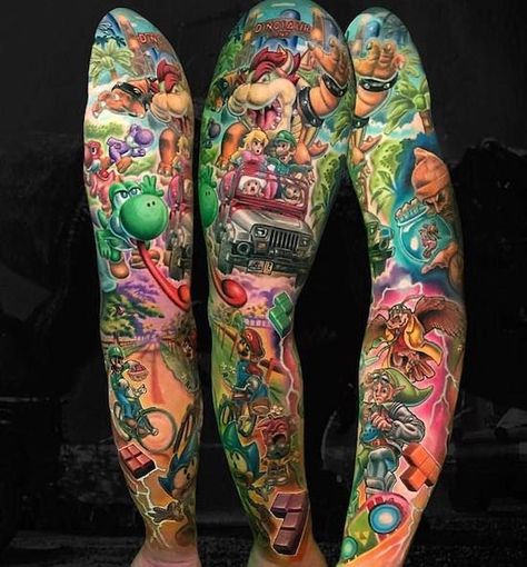 Colorful Sleeve Tattoos, Nintendo Tattoo, Mario Tattoo, Gamer Tattoos, Tattoos Black, Girls With Sleeve Tattoos, Full Sleeve Tattoo Design, Tattoo Background, Tattoo Sleeves