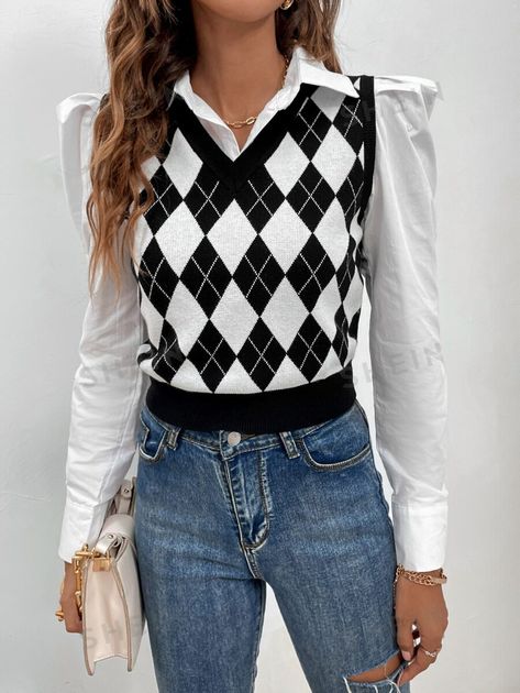 Style:Casual \nNeckline:V neck \nColor:Black and White \nLength:Crop \nPattern Type:Geometric \nTemperature:Spring/Fall (18-25℃/63-77℉) \nFit Type:Regular Fit \nFabric:Slight Stretch \nMaterial:Fabric \nComposition:50% Viscose \nComposition:28% Polyester \nComposition:22% Polyamide \nCare Instructions:Hand wash or professional dry clean \nSheer:No \n Plaid Sweater Vest, Argyle Vest, Argyle Sweater Vest, Sleeveless Sweater Vest, Sweater Vest Women, Classic Sweater, Argyle Sweater, Top Sweater, Crop Top Sweater