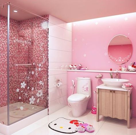 For decorating of the children's rooms has a myriad of ideas, but they are often very expensive to realize. With the help of the colors, you can create a miracle and with little money. Painted walls with bright colors are incentive for new serious tasks. If you work along with the children the period of schoolwork in. Gyaru Bathroom, Kawaii Bathroom Ideas, Pink Aesthetic Bathroom, Cute Bathroom Themes, Kawaii Bathroom, Bathroom Cute, Hello Kitty Bathroom, Kids Bathroom Design, Hello Kitty Decorations