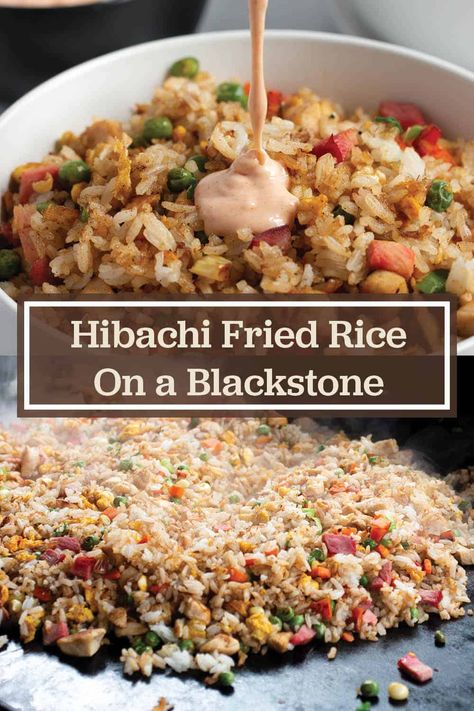 Teppan Grill Fried Rice, Hibachi Steak Fried Rice Recipe, Copycat Hibachi Fried Rice, Homemade Hibachi Fried Rice, Hibachi Chicken And Fried Rice On Blackstone, Asian Griddle Recipes, Black Stone Griddle Fried Rice, Fries Rice Recipe Hibachi, Blackstone Fried Rice Chicken