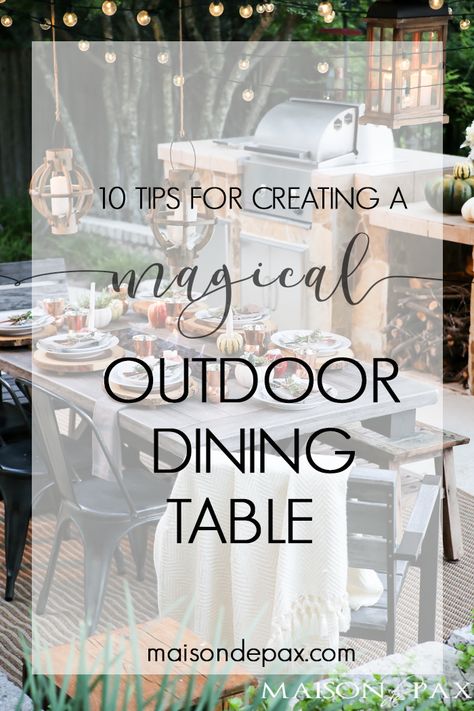 10 tips for a magical outdoor dining table: lanterns, string lights, apple candles, and other cozy outdoor fall decorating ideas! Outdoor Party Lanterns, Patio Table Styling, Outdoor Table Settings Party, Nighttime Outdoor Dinner Party, Backyard Table Ideas Party, Outdoor Evening Dinner Party, Patio Dinner Table Decor, Elegant Outdoor Dinner Party, Outdoor Dining Table Centerpiece Ideas