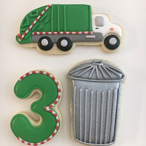 Garbage Truck Cookies Decorated, Trash Truck Cookies Decorated, Trash Truck Cookies, Garbage Truck Cookies, Garbage Truck Birthday Cookies, Garbage Truck Birthday Party Cake, Garbage Truck Cupcake Cake, Construction Cookies, Garbage Truck Party