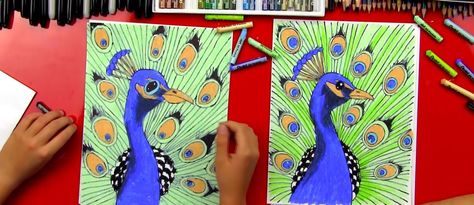 Learn how to draw a peacock with us! This is a super fun activity to do with kids and it's really easy to follow along. Kanban Crafts, Drawing Videos For Kids, Art Fundraiser, Art For Kids Hub, 4th Grade Art, 5th Grade Art, 3rd Grade Art, Art Hub, Peacock Art