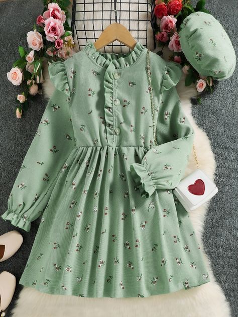 Green Cute Collar Long Sleeve Corduroy Ditsy Floral A Line Embellished Non-Stretch  Girls Clothing New Frock Design, Dress Design Pakistani, New Frock, Dress With Hat, Outfit Blouse, Girls Dress Sewing Patterns, Trendy Shirt Designs, Green Cute