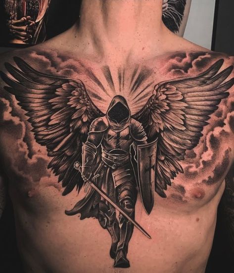 Mens Guardian Angel Tattoo, Saint Michael Chest Tattoo, Michael Defeating Lucifer Tattoo, Saint Michael Angel Tattoo, Cross Shoulder Tattoo Men, Archangel Michael Tattoo For Men, Gabriel Angel Tattoo, Arc Angel Michael Tattoo, Arc Angel Tattoo