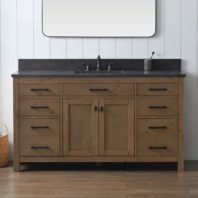 This clean-lined single-bathroom vanity set maximizes the storage in your space. Its wide 60" design is made from engineered wood with a rustic finish, and its surface is crafted with your choice of material and hue. The included white undermount sink is made from ceramic, and it boasts a rectangular silhouette. This vanity has six dovetailed drawers with sleek black metal pulls, and they open to reveal space for washcloths, toothpaste, and hair ties. And the two cabinet doors hide extra shelf s 60 Inch Vanity One Sink, White Undermount Sink, Bathroom Vanity Gray, Limestone Texture, 60 Inch Vanity, 60" Vanity, Extra Shelf, Wood Vanity, Deck Furniture