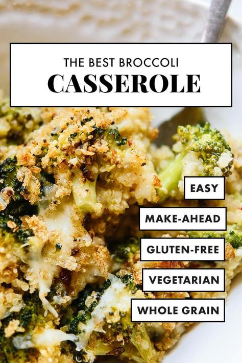 This broccoli casserole recipe is made healthier with roasted broccoli, cheddar cheese, quinoa and whole grain breadcrumbs! It will become a new FAVORITE! #cookieandkate #broccolicasserole #healthyrecipe #comfortfood #mealprep Broccoli Casserole Healthy, Cheese Quinoa, Broccoli Cheddar Casserole, Broccoli Casserole Recipe, Quinoa Broccoli, Broccoli Recipes Casserole, Recipes Fish, Hearty Dinner Recipes, Vegetarian Cookbook