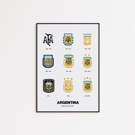 Célébrez l'héritage de l'équipe nationale de football d'Argentine avec cette affiche historique du logo magnifiquement conçue, illustrant l'évolution des écussons emblématiques de l'AFA de 1930 à nos jours. De ses designs vintage à son emblème moderne orné d'étoiles, cette affiche est un hommage au riche héritage de l'une des équipes de football les plus titrées au monde. Parfaite pour les fans de l'Albiceleste, cette oeuvre d'art rend hommage à la fierté et à la gloire de l'Argentine. Il s'agit d'un téléchargement numérique, fournissant des fichiers JPG et PDF haute résolution prêts à être imprimés. Les fichiers sont formatés pour des formats de papier internationaux (A1, A2, A3, A4) et un rapport de 3 x 4, offrant une flexibilité pour les options d'affichage. Qu'elle soit encadrée ou non History Poster, Minimalistic Poster, L Logo, Argentina National Team, History Posters, Logo Poster, Football Teams, National Football Teams, Football Poster