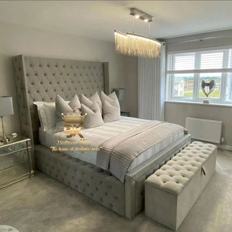 Experience the luxury of a plush headboard with the Isabelle Studded Wingback Bed Frame in silver plush velvet.✨ 👑✨ 🖥️ Click the link to shop now: Link in the bio! #BedroomKing #HandcraftedUK #DreamingInStyle #Bedframe #Bedroom #beds #bed #furniture #bedroom #interiordesign #homedecor #mattress #bedroomdecor #sleeptime #bedding #furnituredesign #luxuryfurniture #bedroomdecor #interior #decor #Homedecor Space Saver Bed, Tall Bed Frame, Luxury Bed Frames, Chesterfield Bed, Sleigh Bed Frame, Bed Frame Sizes, Winged Bed, Tall Bed, Bespoke Beds