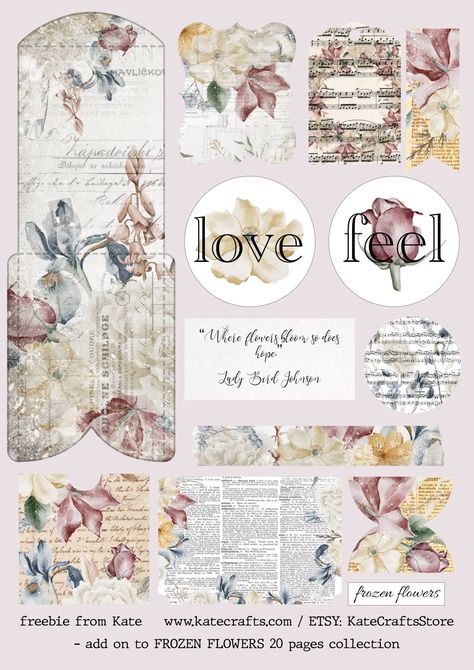 Free Printable Artwork, Frozen Flowers, Journal Printables Free, Free Paper Printables, Free Digital Scrapbooking Paper, Digital Paper Free, Diy Embellishments, Junk Journal Printables, Papel Vintage