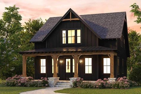 New American Style 4-Bedroom Two-Story Farmhouse with Loft and Expansive Entry Porch House Plan Screened Porch, Black Siding House Exterior, 2 Bedroom With Loft House Plans, Board House, Wraparound Porch, American Farmhouse, Open Dining Room, Farmhouse Plan, Barn Style House