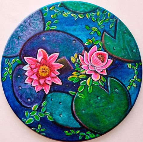 Waterlily pond floral textured acrylic painting on round canvas