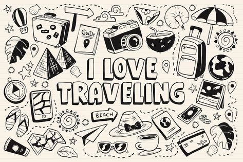 Free vector collection of travel monochr... | Free Vector #Freepik #freevector #assortment #collection #hand-drawn #doodle Space Travel Illustration, Icon Doodles, Crochet Travel, Travel Doodles, Mirror Drawings, Doodle Wall, Creative Book Covers, Doddle Art, Doodle Background