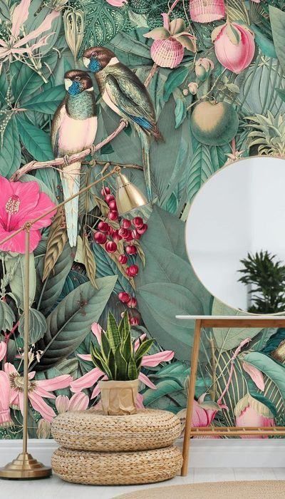 Tropical Paradise Wallpaper, Pink And Green Wallpaper, Simple Bed Designs, Paradise Wallpaper, Wooden Bed Design, Bed Design Modern, Green Backdrops, Jungle Wallpaper, Simple Bed