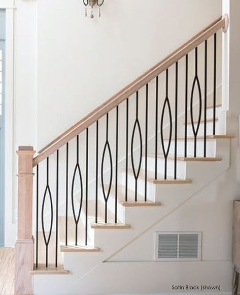 How to Make Iron Balusters Look Expensive for under $2 Iron Stairs, Stairs Railing, Wrought Iron Stair Railing, Modern Railing, Modern Stair Railing, Stair Banister, Stair Balusters, Iron Stair Railing, Wrought Iron Stairs